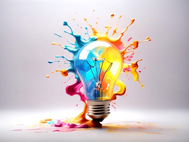 Creative light bulb explodes with colorful paint and splashes on a light gradient background