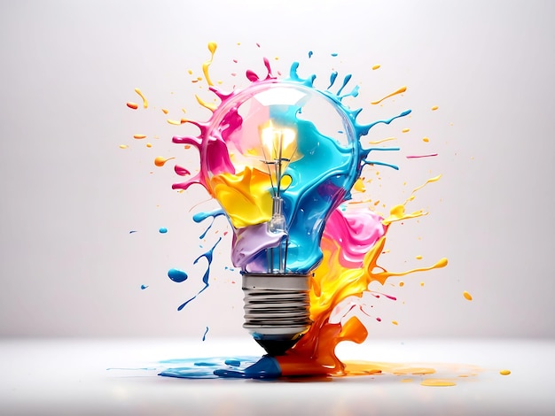 Creative light bulb explodes with colorful paint and splashes on a light gradient background