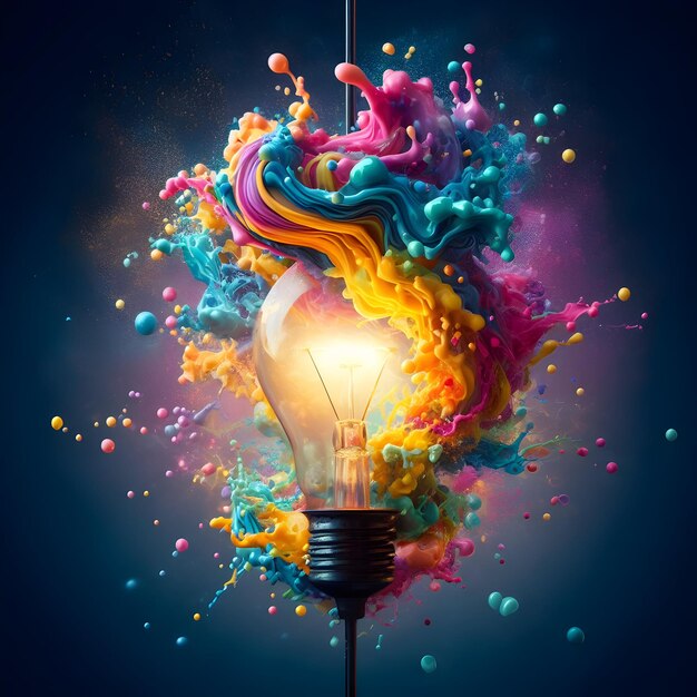 Foto una lampadina creativa esplode con vernici colorate e colori tornado concetto di brainstorming