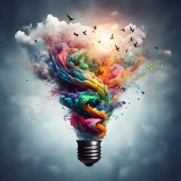 Foto una lampadina creativa esplode con vernici colorate e colori tornado concetto di brainstorming