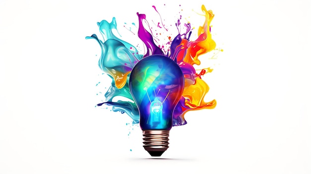 Creative light bulb explodes with colorful paint