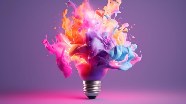 Creative light bulb explodes with colorful paint