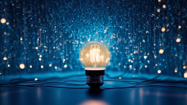 Креативная лампочка светит на генеративном искусственном интеллекте на синем фоне