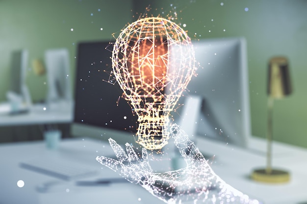 Фото Творческая иллюстрация лампочки на современном компьютерном фоне концепция будущей технологии мультиэкспозиция