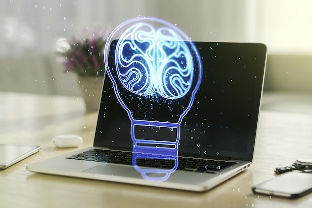 Creative light bulb illustration with human brain on modern computer background future technology concept Multiexposure