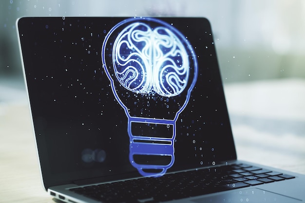 Creative light bulb illustration with human brain on modern computer background future technology concept Multiexposure