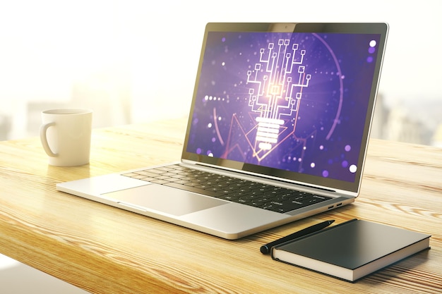 Creative light bulb with chip hologram on modern laptop monitor artificial Intelligence and neural networks concept 3D Rendering