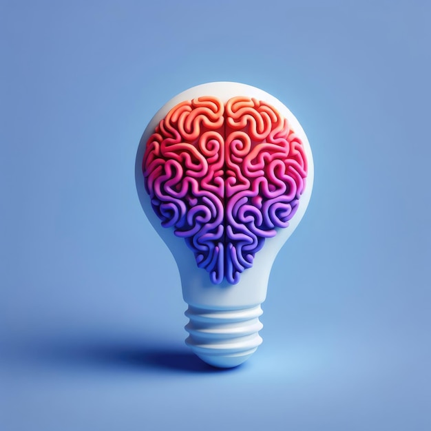 Photo a creative light bulb with a colorful brainshaped filament against a blue background symbolizing c