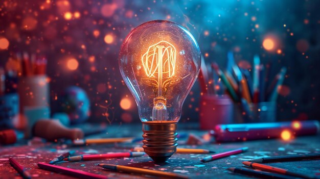 Creative Light Bulb with Colorful Drawing Tools Generative AI