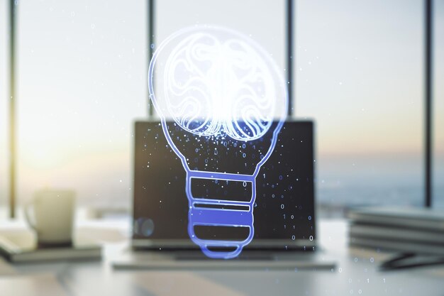 Creative light bulb with human brain hologram on modern laptop background artificial Intelligence and neural networks concept Multiexposure