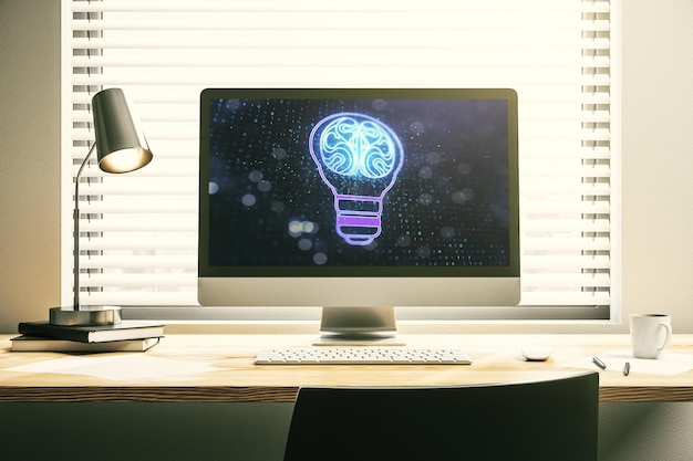 Creative light bulb with human brain hologram on modern laptop monitor artificial Intelligence and neural networks concept 3D Rendering