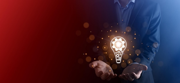 Creative light bulb with marketing network icons planning strategy analysis solution development ModernInnovative of new ideasInnovation idea knowledge conceptgear icon of inspiration thinking