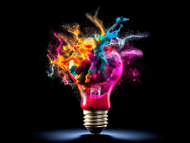 Creative light bulbs explode with colorful paint and splash on a black background Think differently creative idea concepts Generative AI