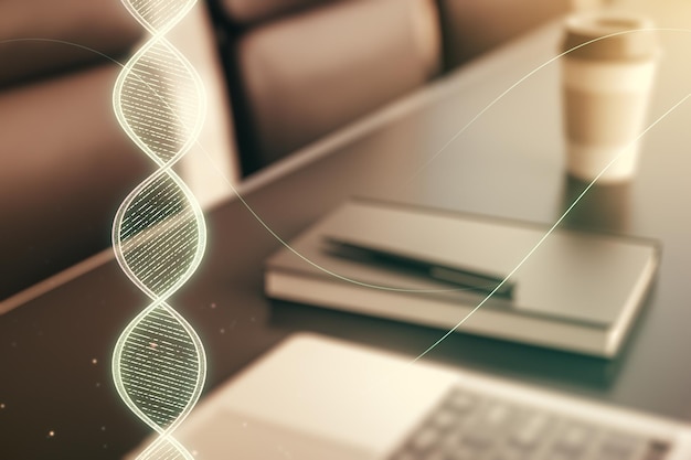 creative light dna illustration on modern computer background science and biology concept multiexposure