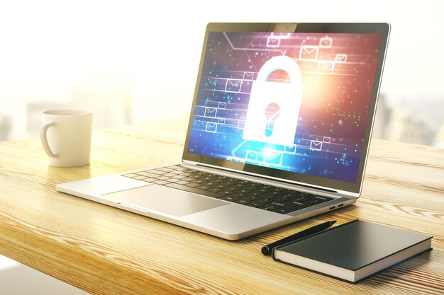 Photo creative light lock illustration with postal envelopes on modern computer monitor cyber security and email protection concept 3d rendering