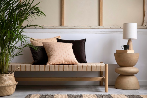Креативная композиция интерьера гостиной с диваном в стиле бохо, элегантными подушками, приставным столиком, современными украшениями для дома и личными аксессуарами.
