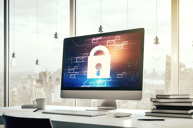 Creative lock sketch with email symbols hologram on modern laptop monitor protection of personal data concept 3D Rendering