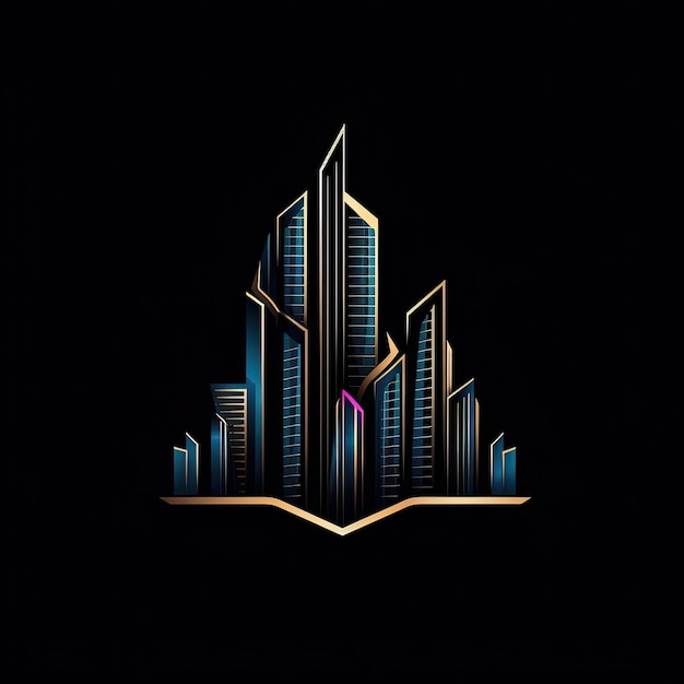 Creative logo for a real estate company with skyscrapers in gold and blue colours on black background