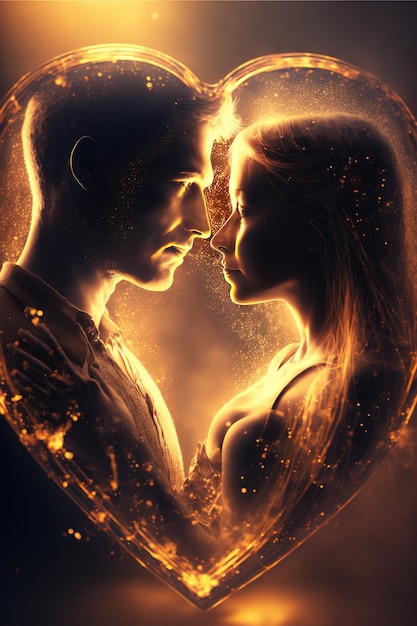 Photo creative love concept golden and black colors silhouette of a couple in love generative ai