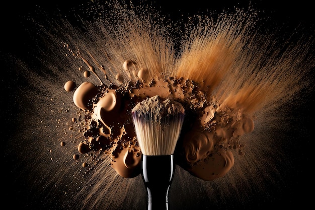 Foto trucco creativo splash polvere cosmetica beige scuro su pennelli su sfondo nero