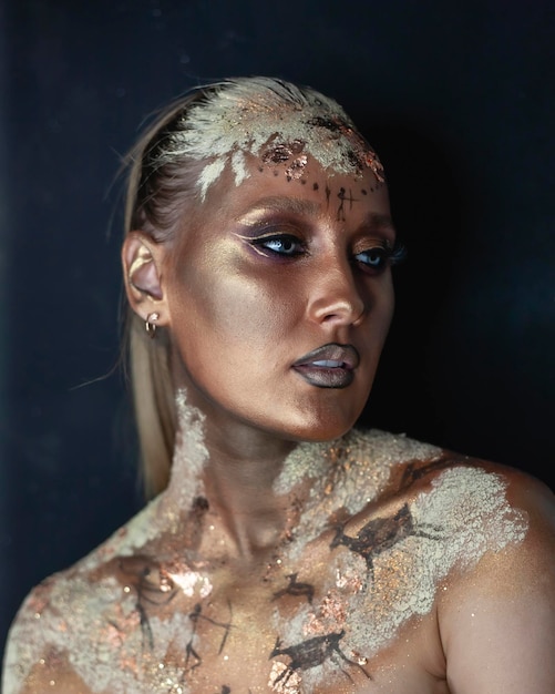 Creative makeup in the style of prehistoric cave painting