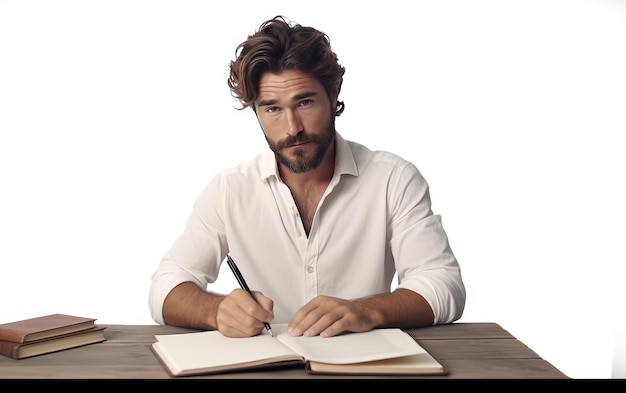 Foto autore creativo maschio che scrive un libro isolato su uno sfondo bianco