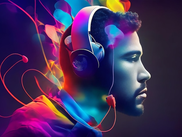 Creative man computer and headphones to listen to music Ai Generated