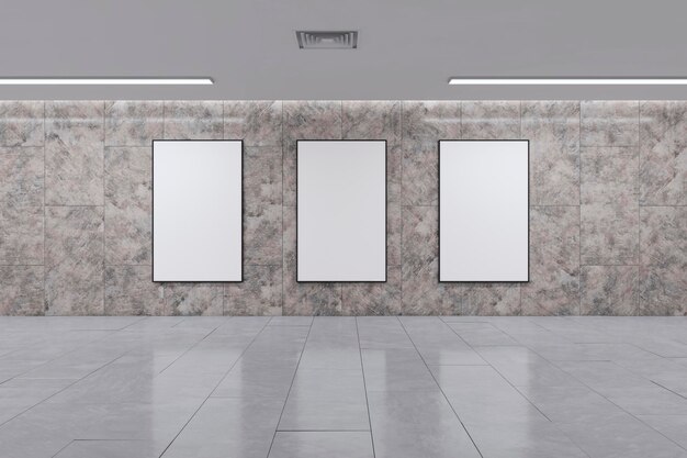 Creative marble underground hallway interior with empty mock up banners on wall Passage concept 3D Rendering