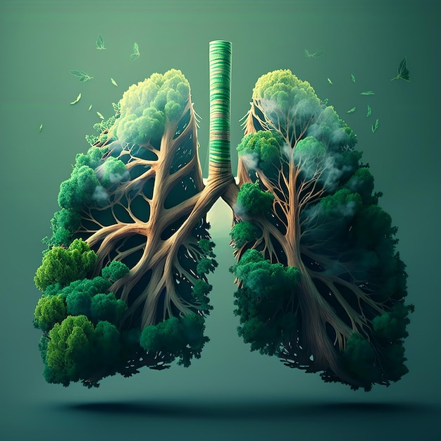 Creative metaphoric image of human lungs in the shape of green forest trees with lush vegetation foliage Environment climate change smoking health concept