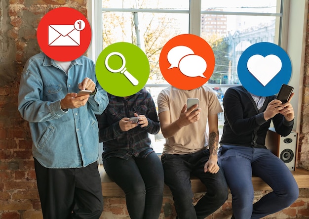 Creative millenial people connecting and sharing social media Modern UI icons as heads