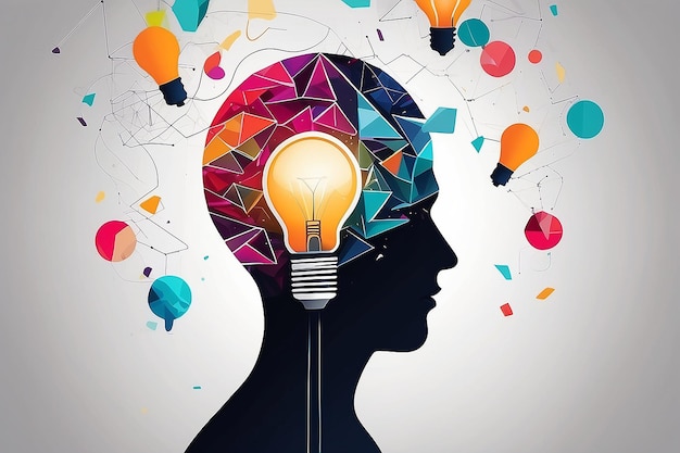 Creative mind or brainstorm or creative idea concept with abstract human head silhouette and hand holding bulb lamp surrounded abstract geometric shapes in bright colors