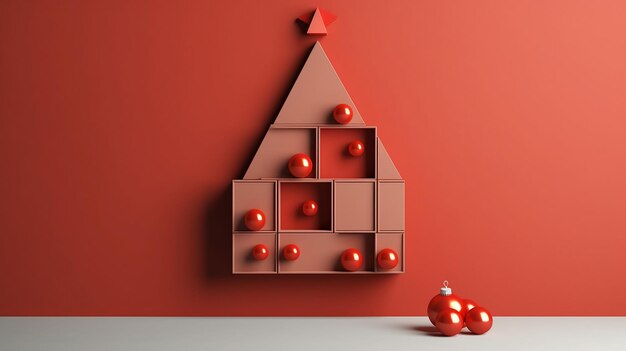 写真 クリエイティブなミニマルなクリスマス ツリー ボールが上にあり、上部に赤い三角形が付いているクリスマス ツリー