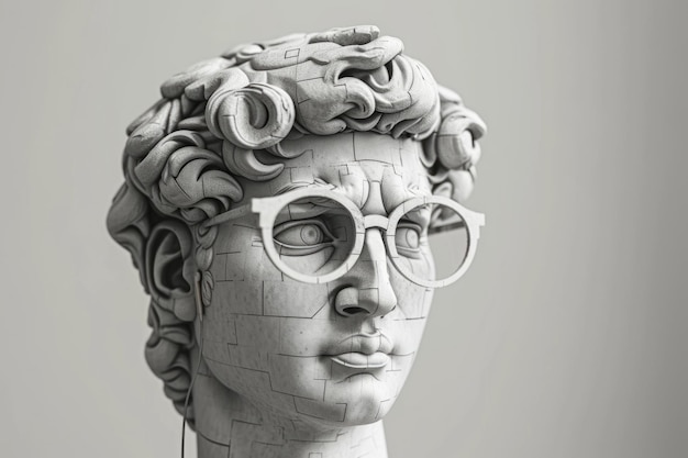 Creative minimal concept art of isolated gypsum statue with pixel glasses