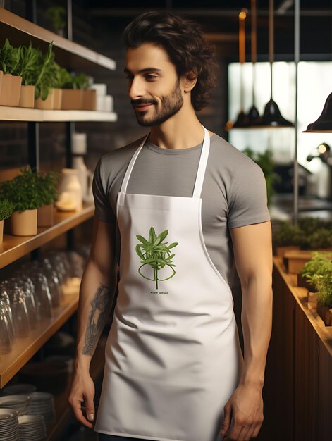 Photo creative mockup of a chef apron in a contemporary vegetarian restaura uniform collection design