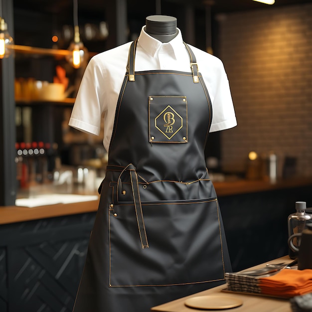 Photo creative mockup of a chef apron in a five star restaurant setting exe uniform collection design