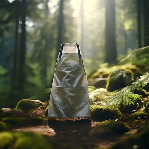 T制服のコレクションデザインで撮影された森林の環境でシェフのエプロンのクリエイティブなモックアップ