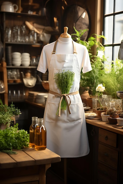 Creative mockup of a chef apron made from organic cotton photographed uniform collection design