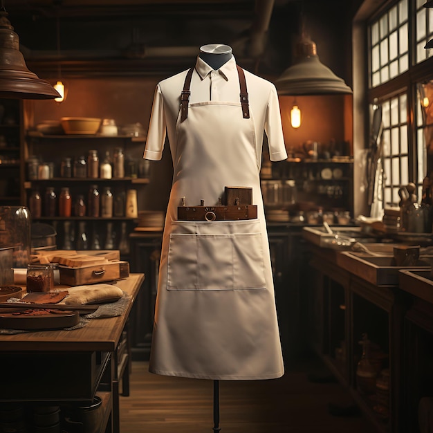 Foto mockup creativo di un grembiule da chef in una casa da tè tradizionale che cattura il design della collezione uniforme