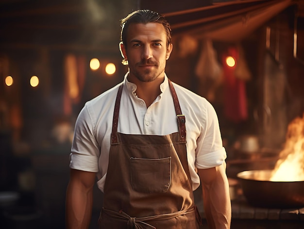 Creative mockup of a chef apron in a village scene captured with a so uniform collection design