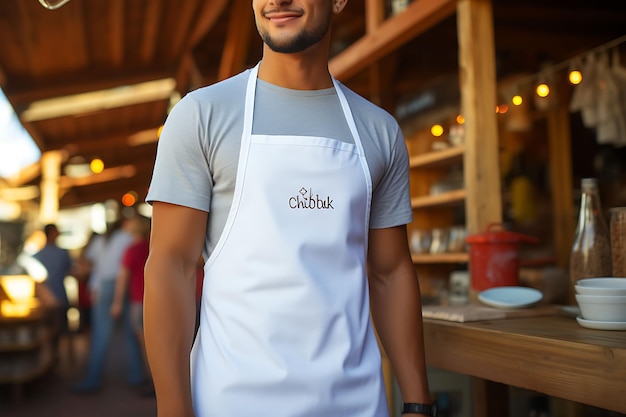 Photo creative mockup of a clean blank white chef apron in a bustling food uniform collection design