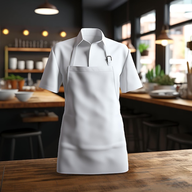 Photo creative mockup of a clean blank white chef apron in a contemporary f uniform collection design