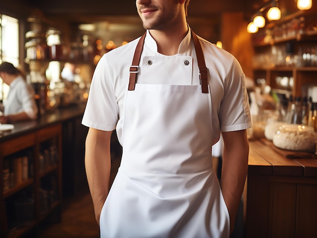 Photo creative mockup of a clean blank white chef apron in a cozy bakery uniform collection design