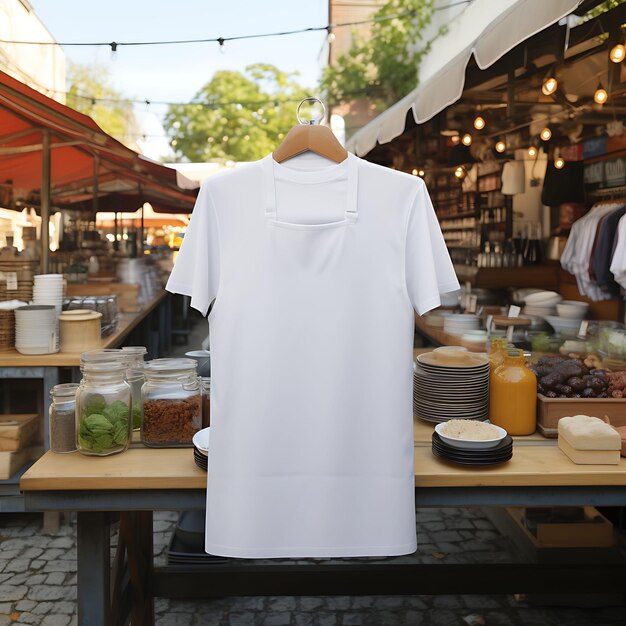 Photo creative mockup of a clean blank white chef apron presented in a bust uniform collection design