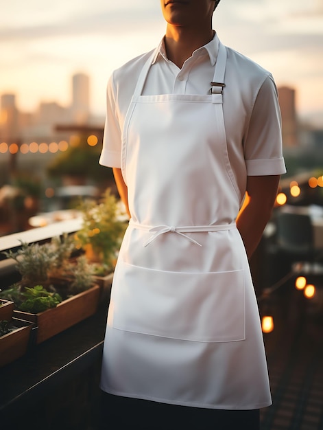 Creative Mockup of a Clean Blank White Chef Apron in a Scenic Rooftop uniform collection design