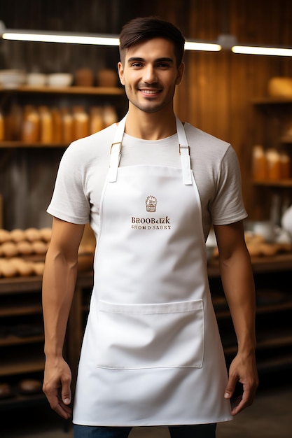 Photo creative mockup of a clean blank white chef apron in a traditional ba uniform collection design