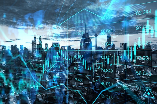 Creative modern city skyline backdrop with abstract glowing forex chart map and arrows on index hologram blurry background Trade financial growth analytics and market concept Double exposure