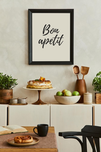 모의 포스터 프레임, 가족 식탁과 의자, 복고풍에서 영감을 받은 개인 액세서리 및 장식을 갖춘 창의적이고 현대적인 식당 인테리어 디자인입니다. 주형.