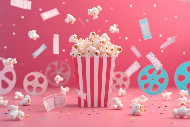 Creative movie night concept with popcorn explosion film reels and cinema tickets on pinkN