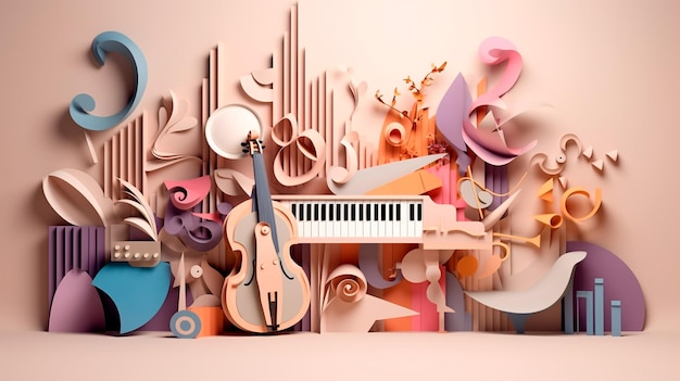 クリエイティブな音楽の背景 音楽的な抽象的なイラスト ペーパー アート 生成 AI イラストレーターで作成