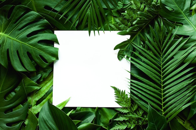 Creative nature layout made of tropical leaves with white frame